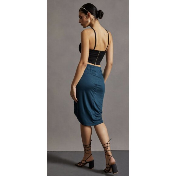 BY ANTHROPOLOGIE Ruched Knit Midi Skirt in Navy Teal Green Stretch - Size M NWT - Picture 2 of 12